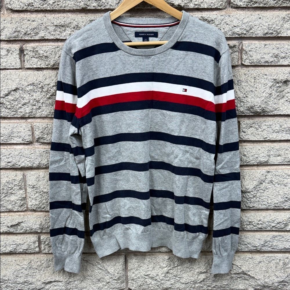 Tommy Hilfiger Men's Crewneck Sweater in Gray with Navy and Red Stripes